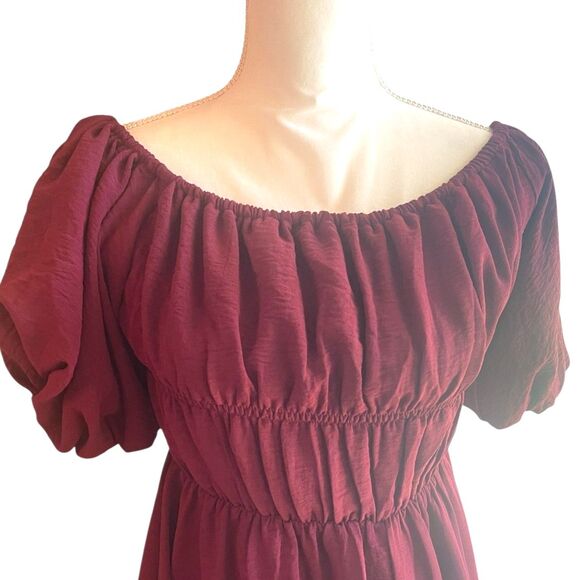 Womens Burgundy Smocked Babydoll Milkmaid Dress Sz S Coquette Romantic Costume - Picture 8 of 10